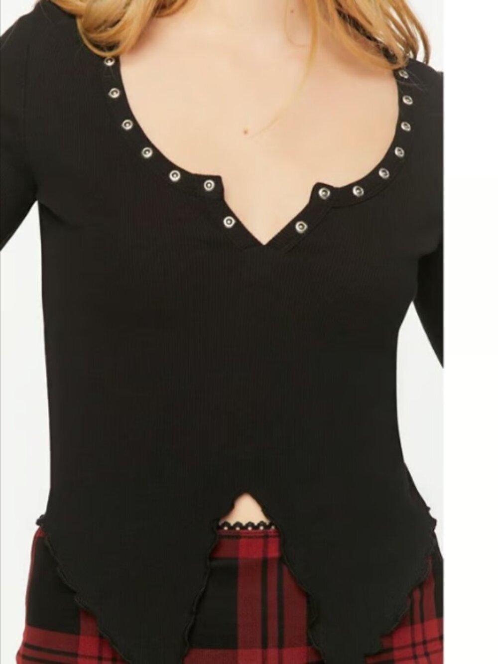 FOREVER 21 Women's Size Medium Black Studded Split-Front Crop Top Long Sleeve